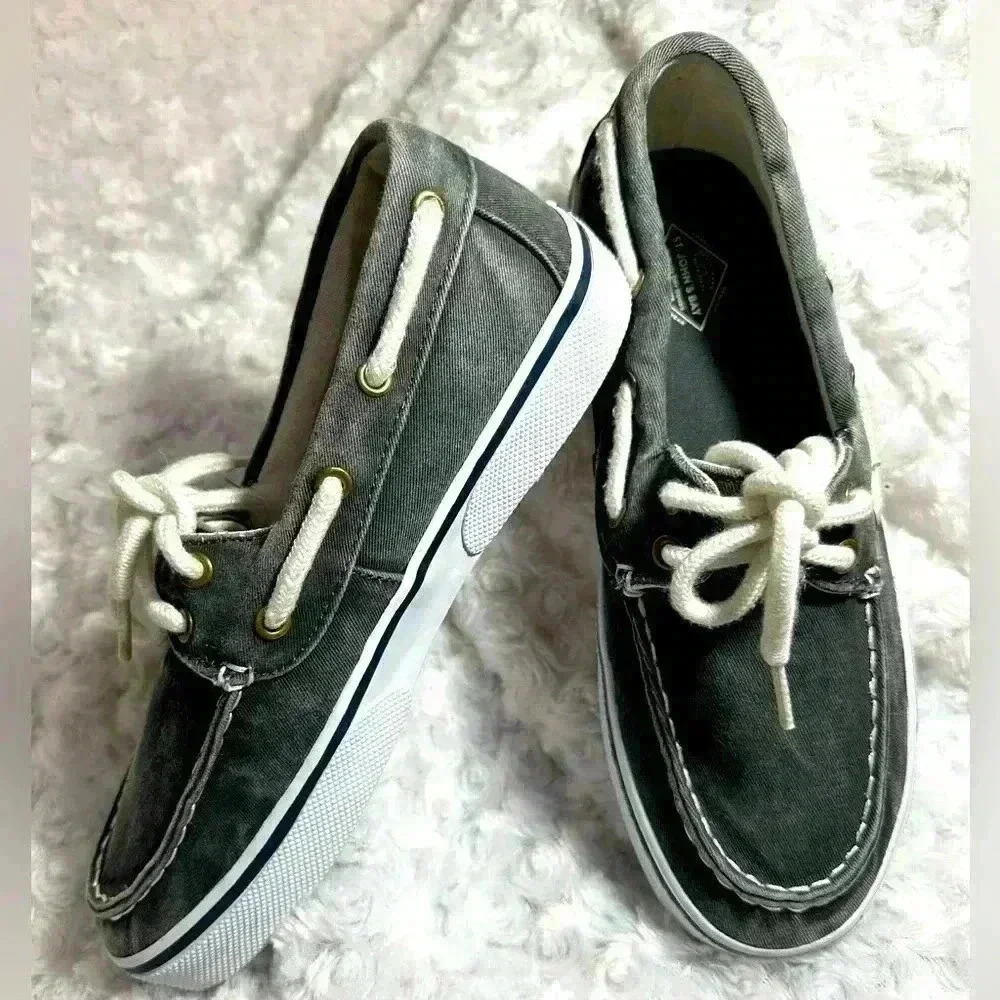 St. John's Bay Mens Grey Canvas Boat Shoe Docksider Casual‎ Tie up